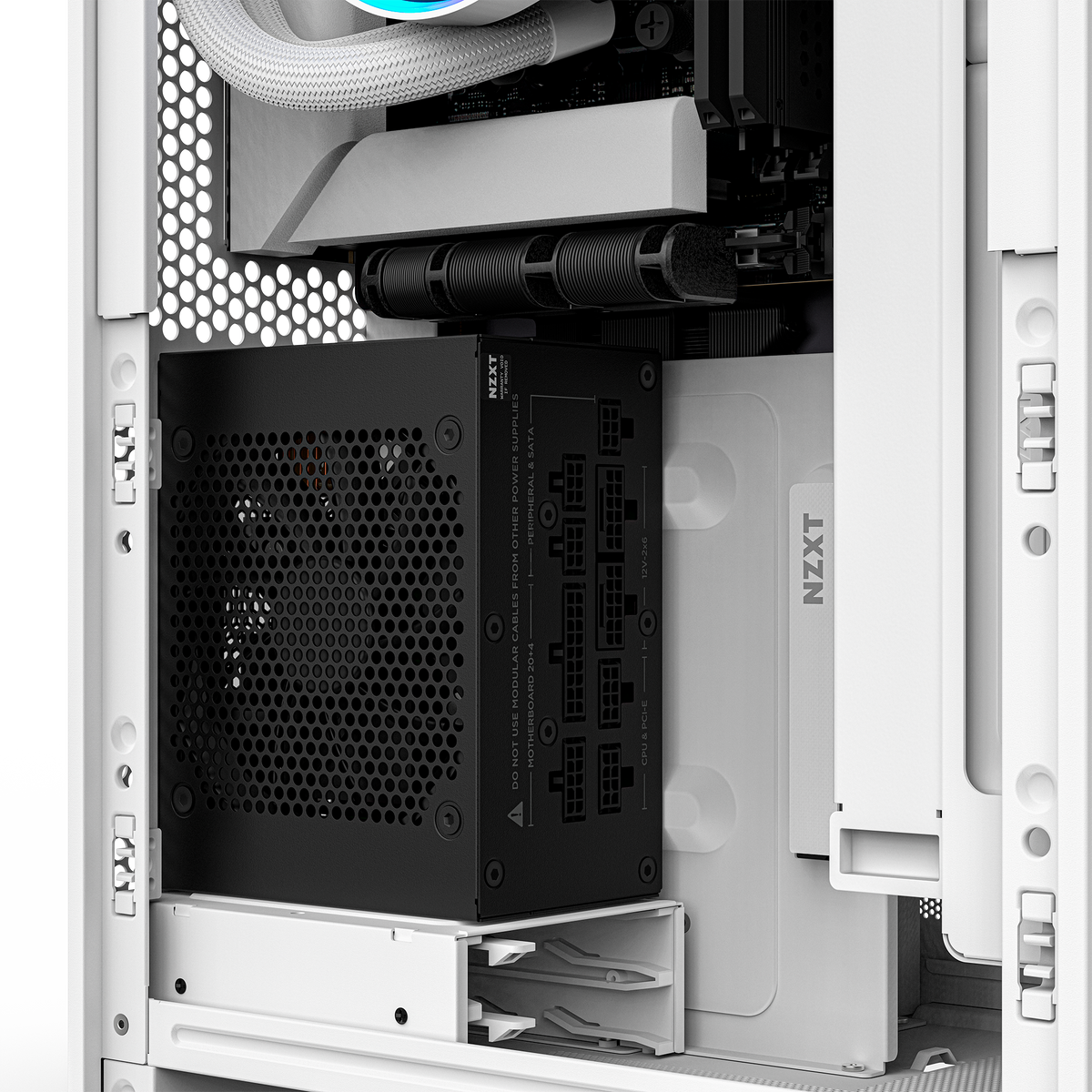 NZXT H2 Flow case in white, close-up of installed components
