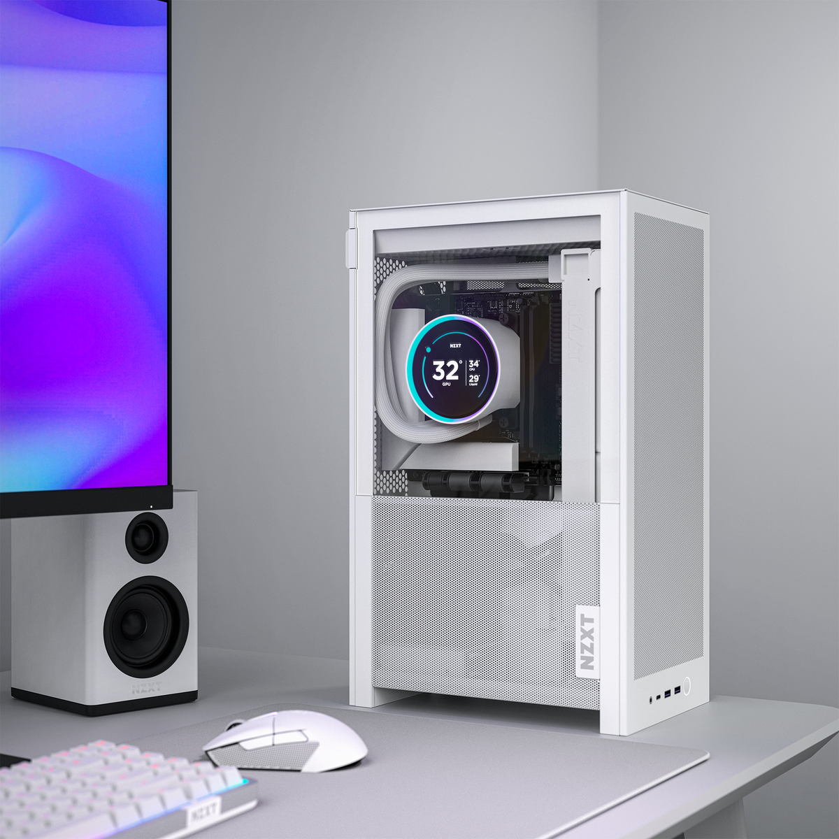 NZXT H2 Flow case in white on a desk setup
