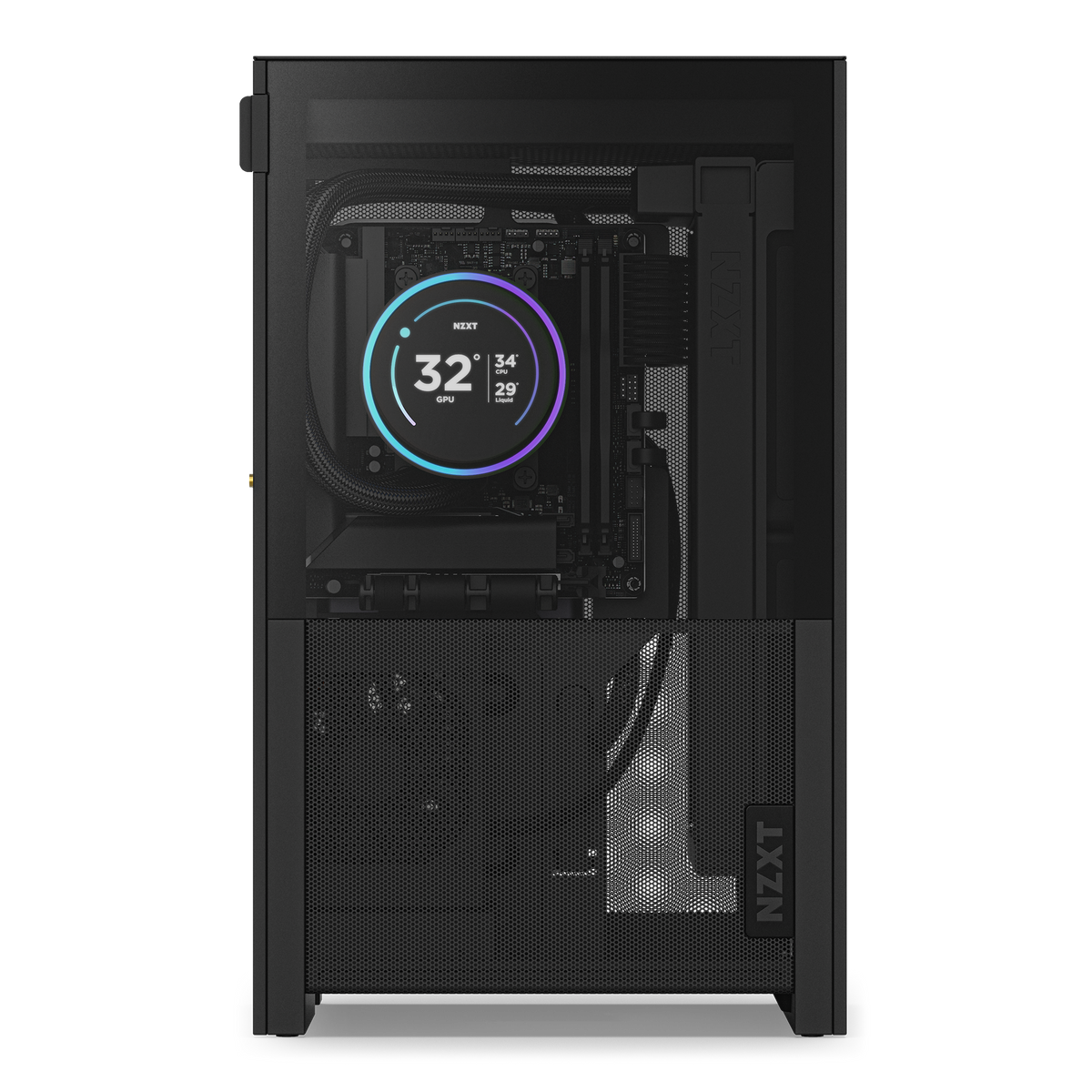 NZXT H2 Flow case in black with a completed PC build, side view