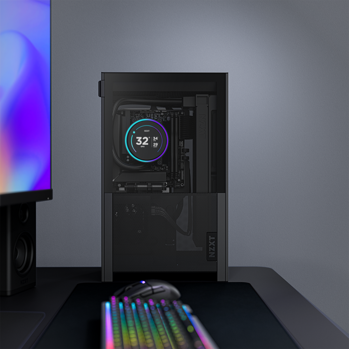 NZXT H2 Flow case in black on a desk setup, side view