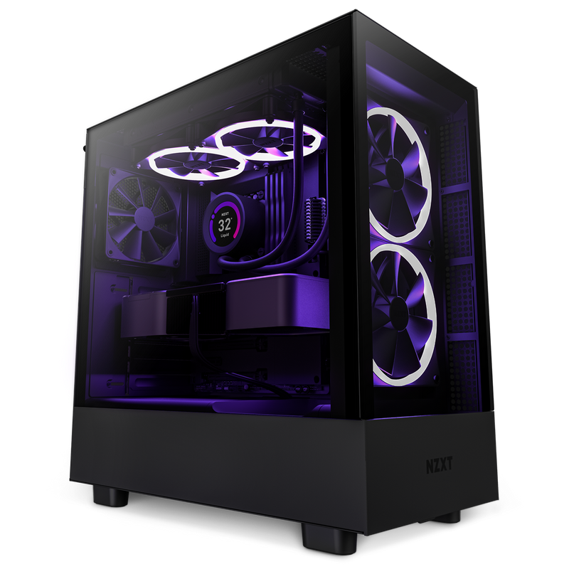 The NZXT H5 Elite (2023) is a black gaming PC case featuring three illuminated cooling fans, purple RGB lighting, a tempered glass side panel, and visible internal components such as the CPU cooler and graphics card.