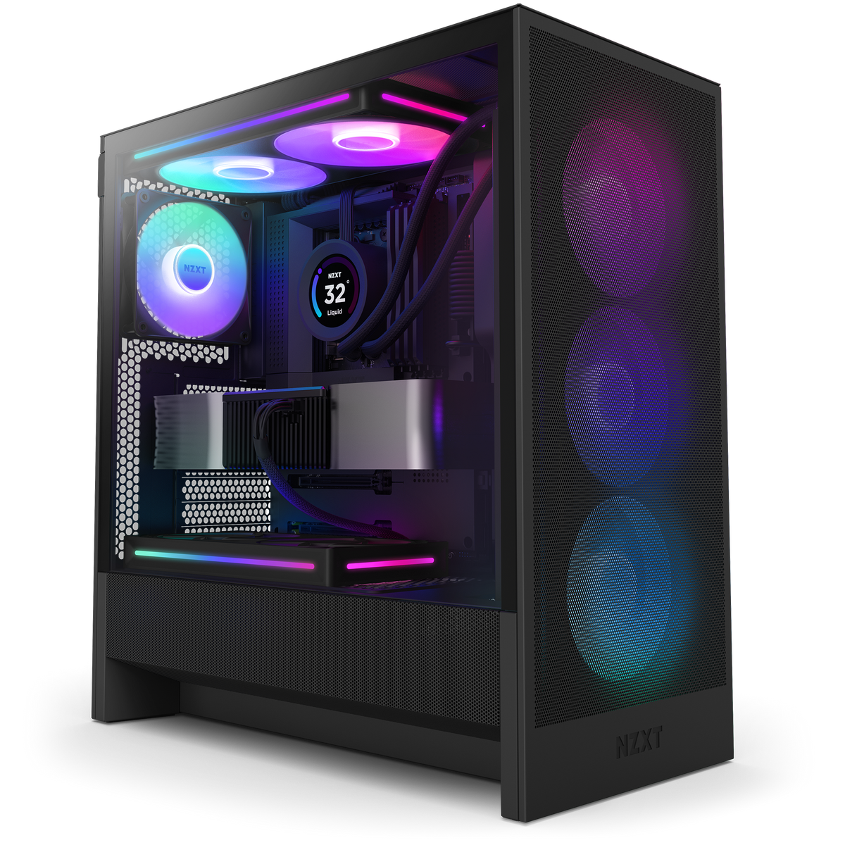 NZXT H5 Flow RGB black shown in a completed build behind tempered glass. Components other than the case are sold separately.