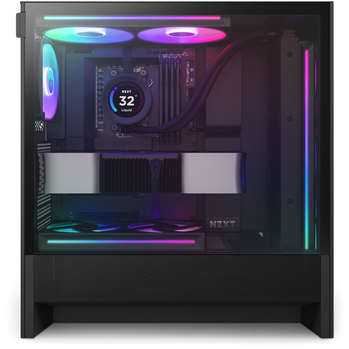 NZXT H5 Flow RGB black shown from the side in a completed build behind tempered glass. Components other than the case are sold separately.