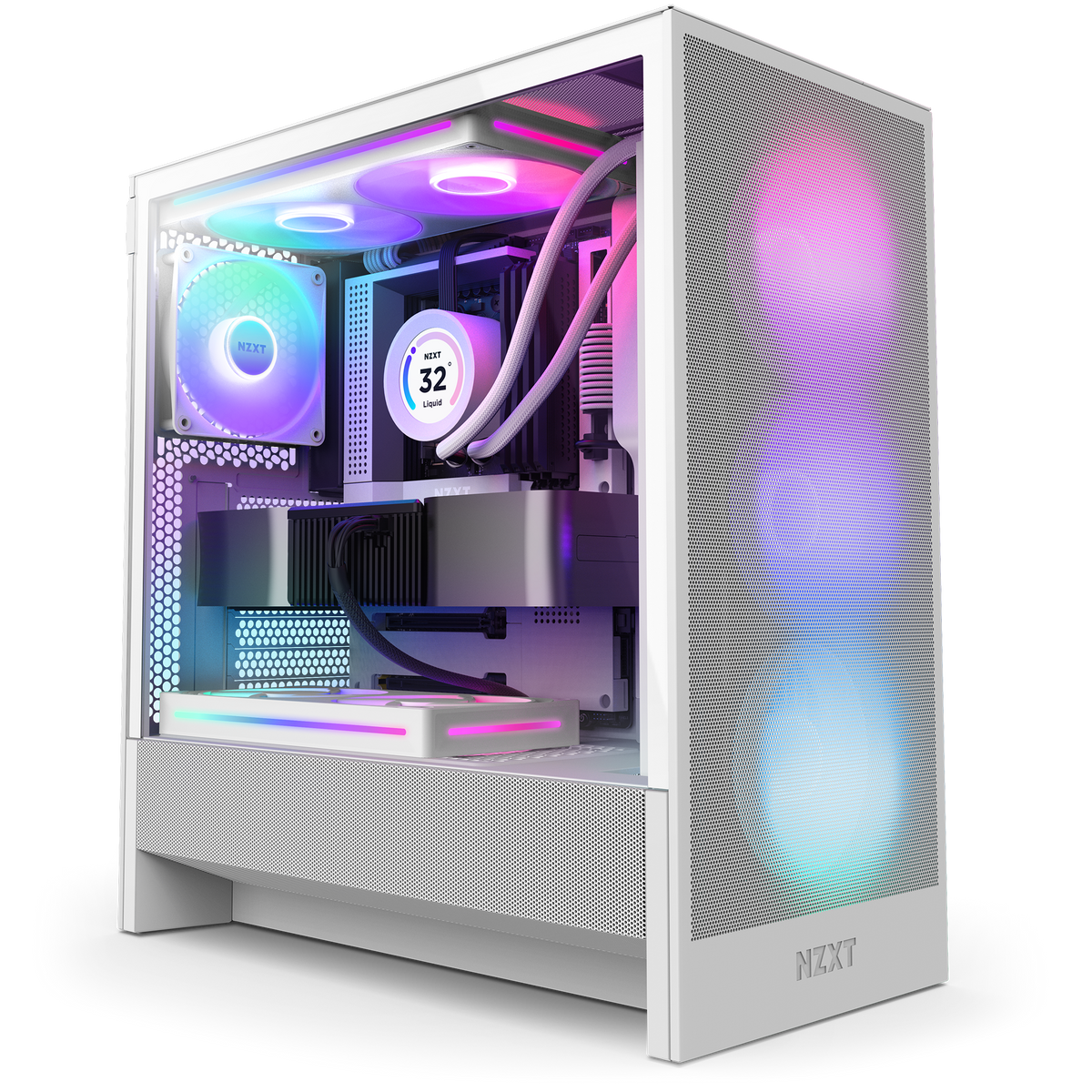 NZXT H5 Flow RGB white shown in a completed build behind tempered glass. Components other than the case are sold separately.