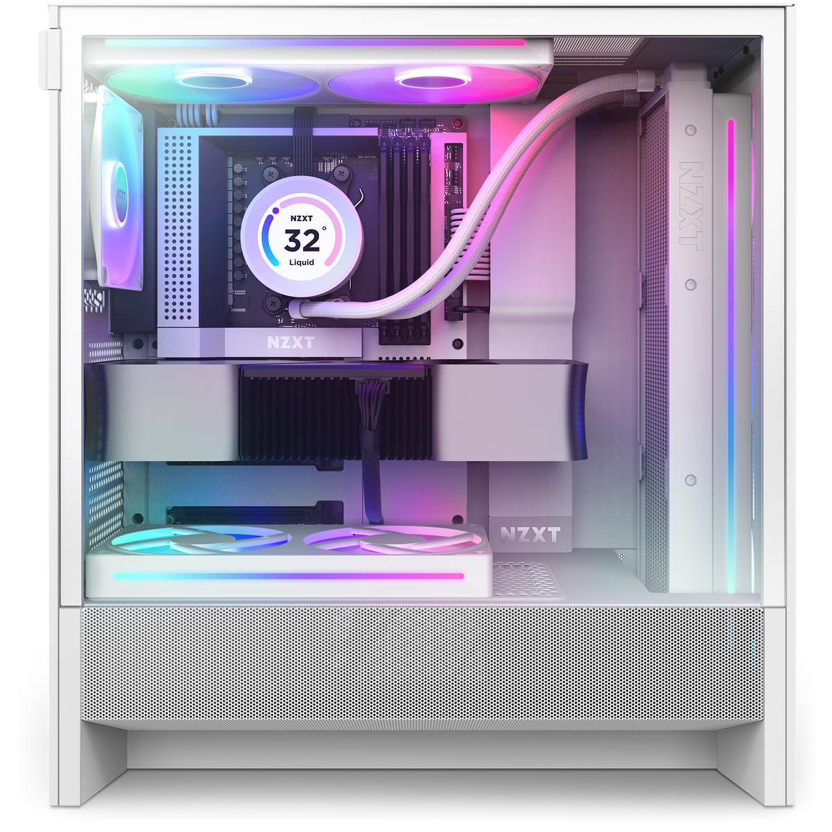 NZXT H5 Flow RGB white shown from the side in a completed build behind tempered glass. Components other than the case are sold separately.