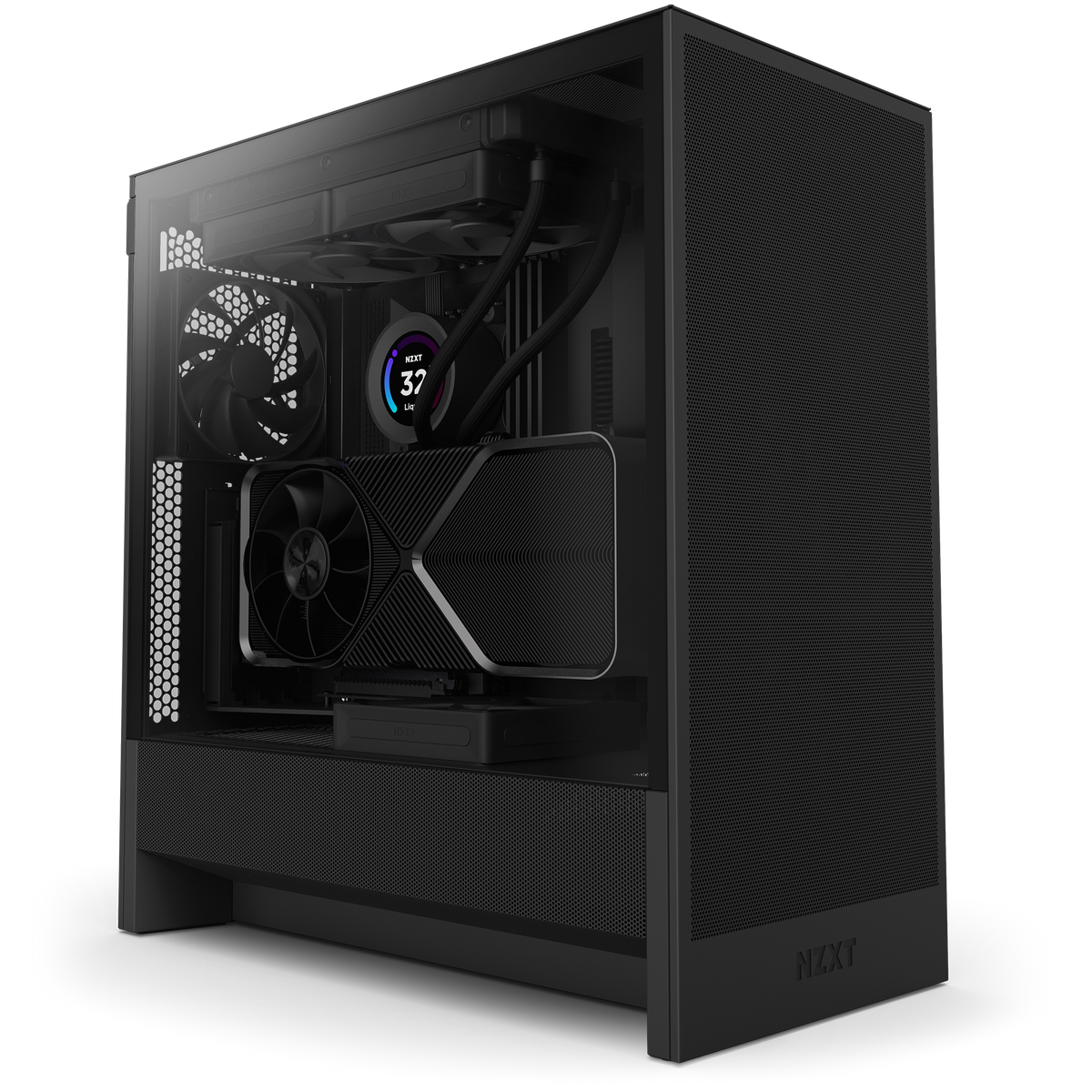 NZXT H5 Flow black shown in a completed build behind tempered glass. Components other than the case are sold separately.