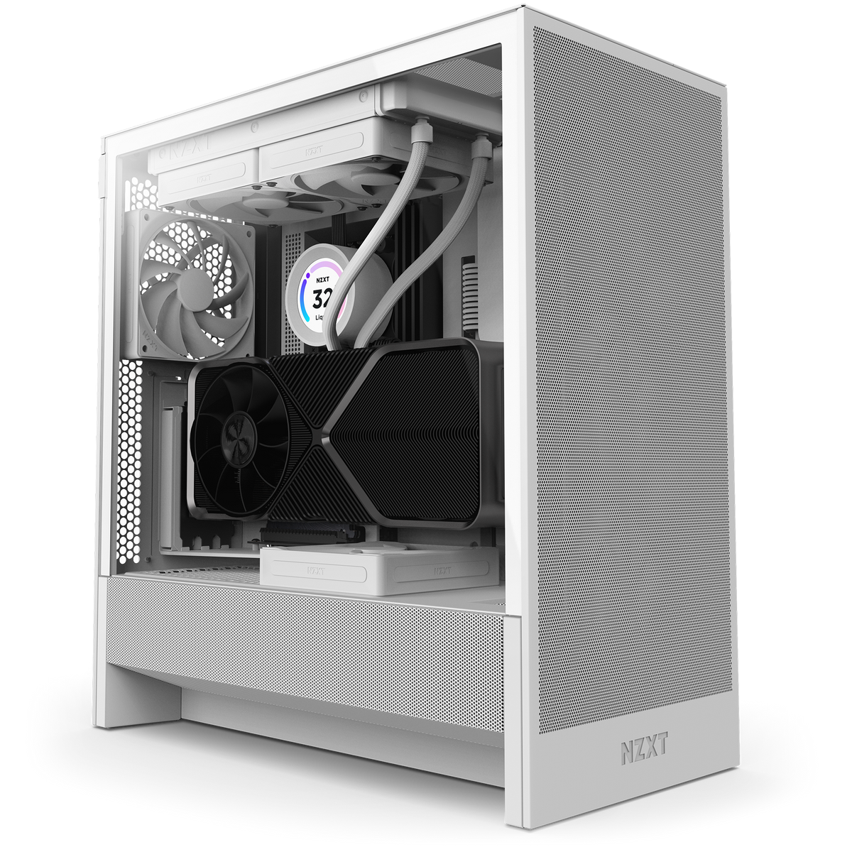 NZXT H5 Flow white shown in a completed build behind tempered glass. Components other than the case are sold separately.