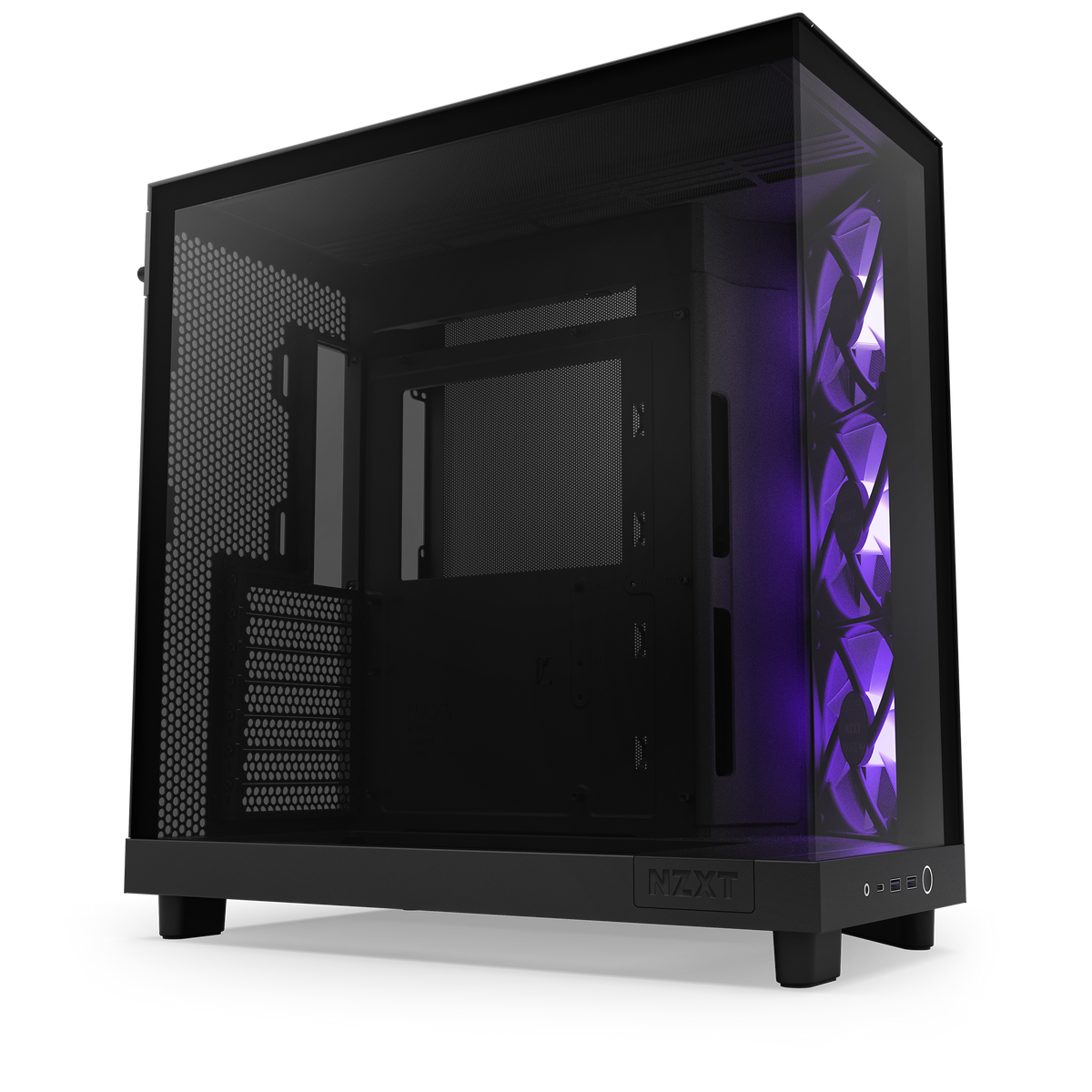 NZXT H6 Flow RGB case in black with RGB fans lit, angled view