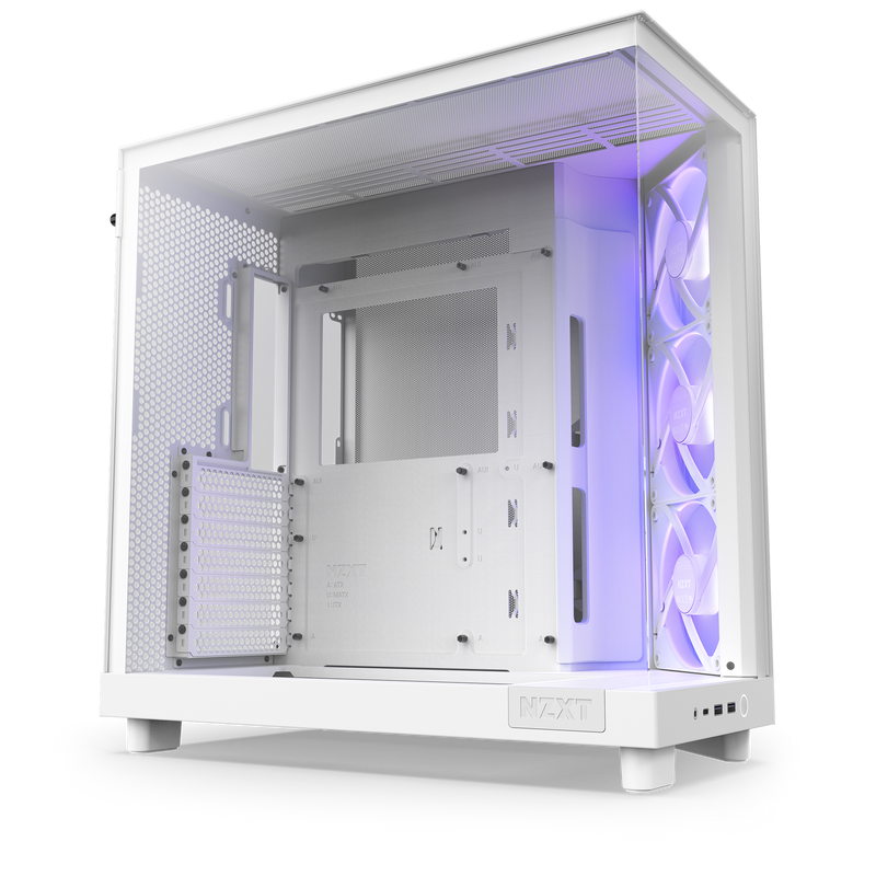 NZXT H6 Flow RGB case in white with RGB fans lit, angled view