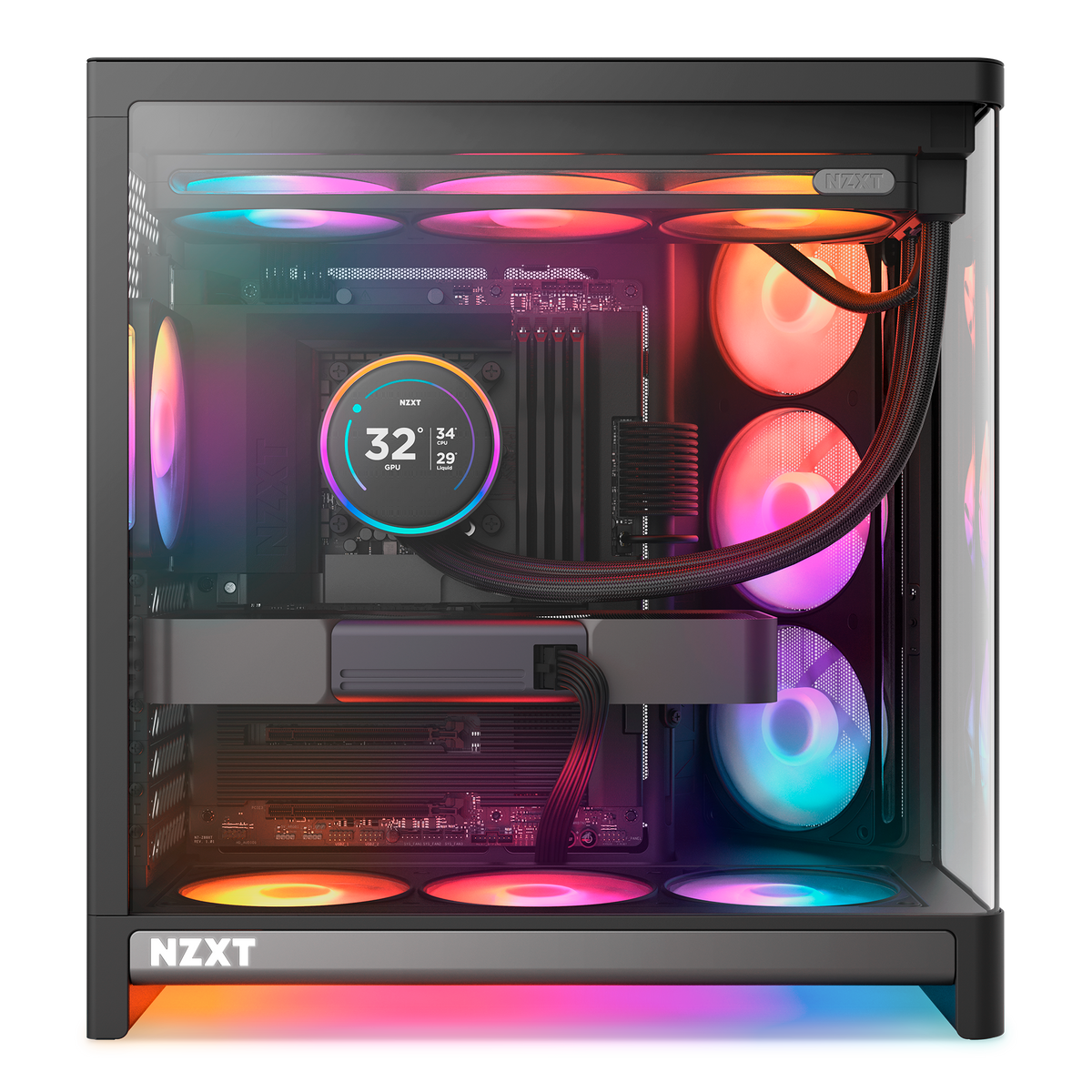 NZXT H6 RGB+ black shown in a completed build behind the wraparound glass. Components other than the case and its pre-installed RGB fans are sold separately.