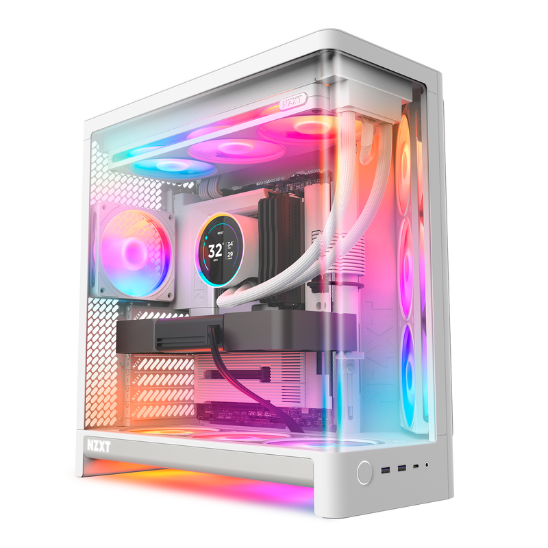 NZXT H6 RGB+ white, hero angle with the pre-installed RGB fans lit behind the wraparound glass