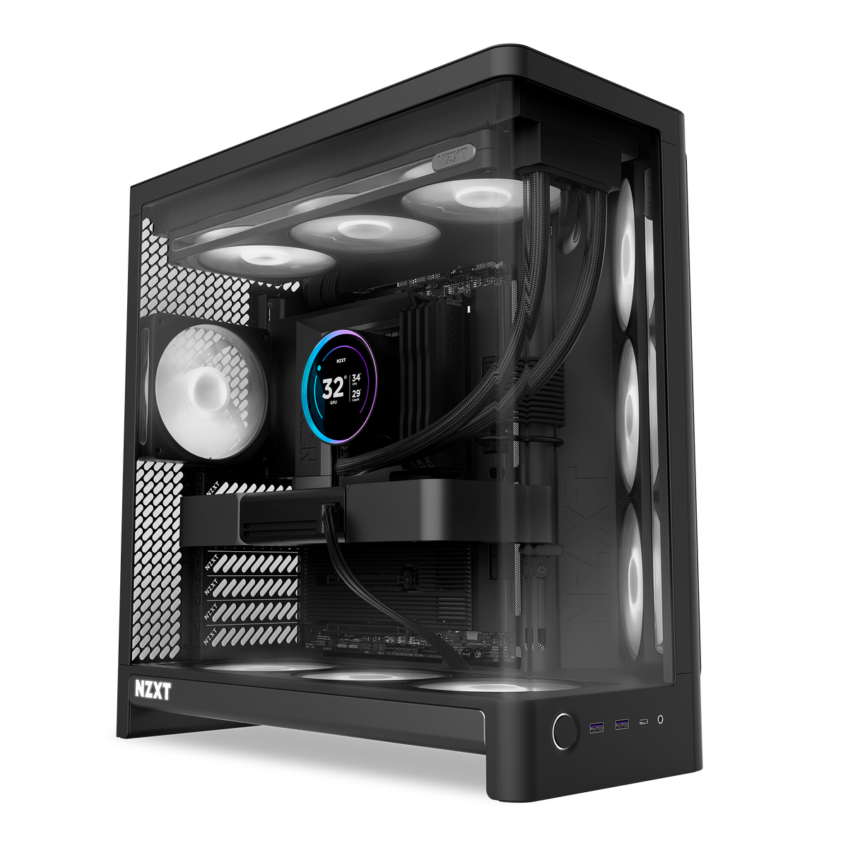 NZXT H6 black shown in a completed build behind the wraparound glass. Components other than the case are sold separately.