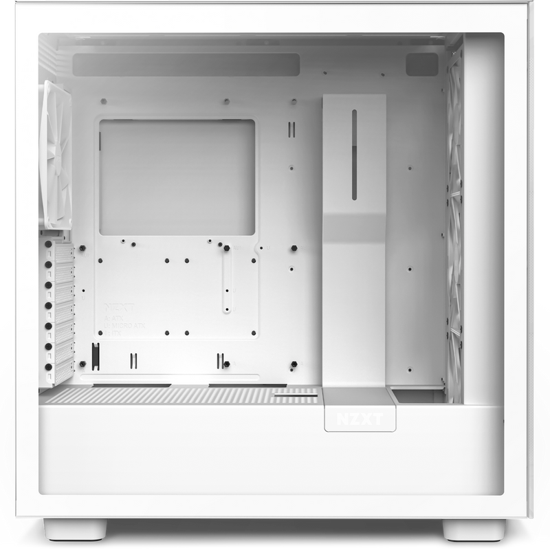 The Refurbished Player Three Base - #8526 by NZXT is a white mid-tower PC case with open interior, cable management channels, pre-installed rear exhaust fan, and multiple side-visible expansion slots—ideal for prebuilts and certified refurbished systems.