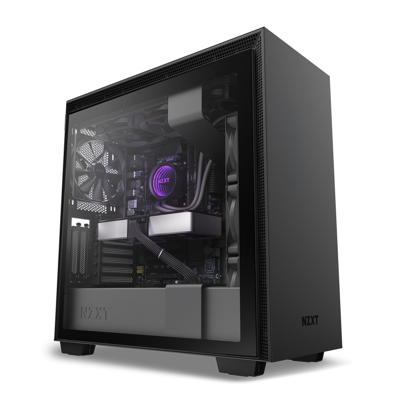 A black NZXT H710 Series case from NZXT features a left side tempered glass panel, revealing the interior with fans, cables, and a glowing purple CPU cooler against a vibrant purple and white backdrop.