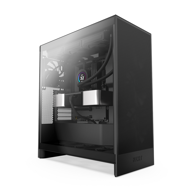 The NZXT H7 Flow is a sleek black mid-tower PC case with a transparent side panel, showcasing internal cooling fans, a circular CPU cooler with digital display, and neatly arranged cables.