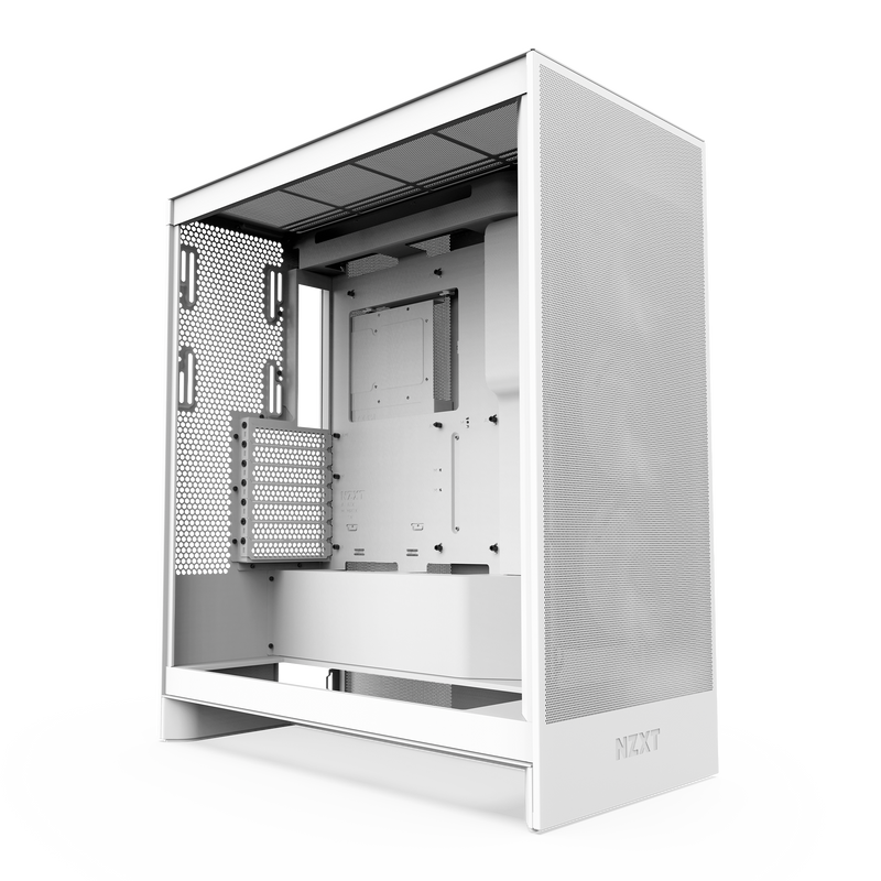 NZXT H7 Flow mid-tower ATX case in white, side panel removed to show the empty interior