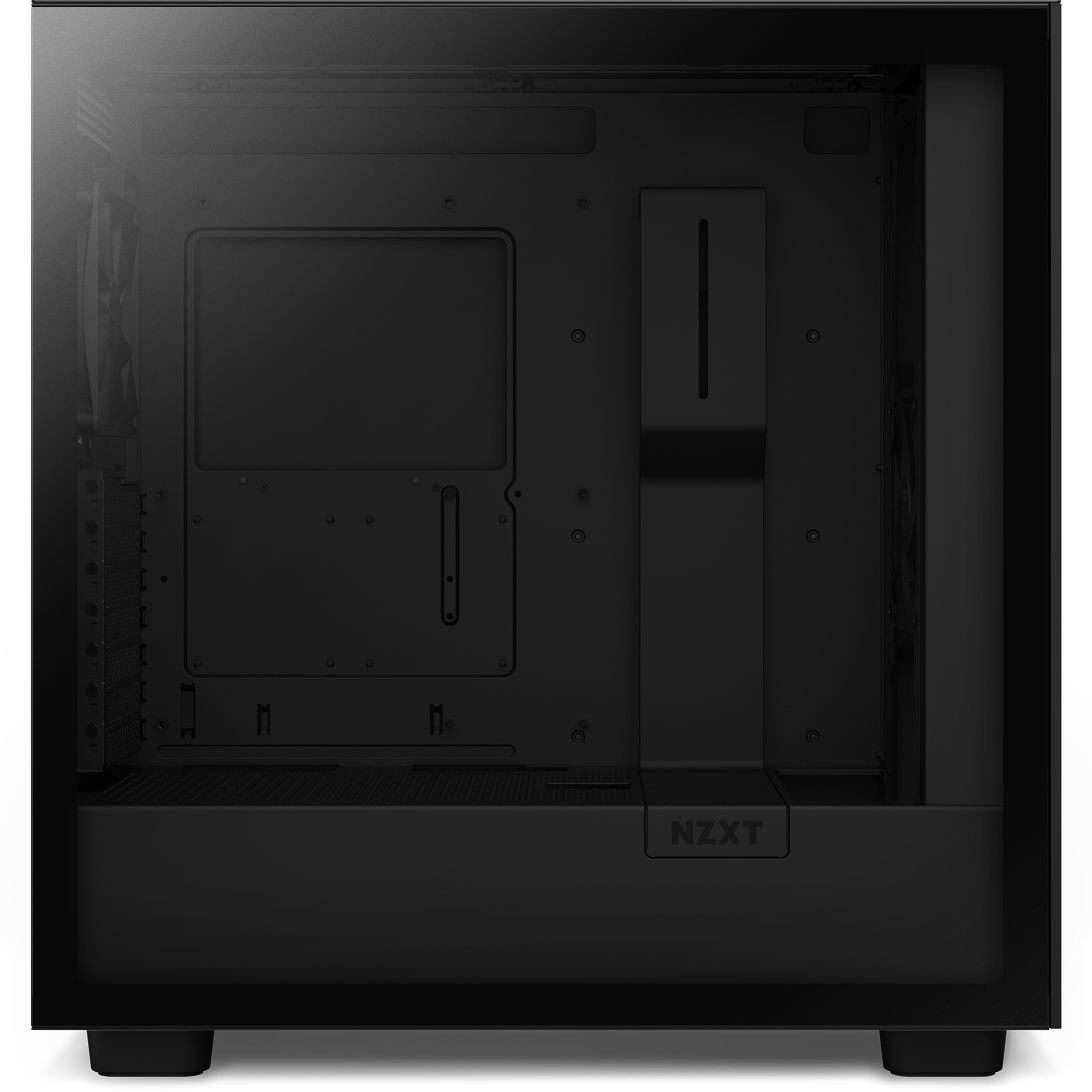 The NZXT H7 Flow RGB (2023) black case features a transparent side panel, cable management bar, rear exhaust fan, empty interior for components, and supports vertical GPU mounting for improved cooling.