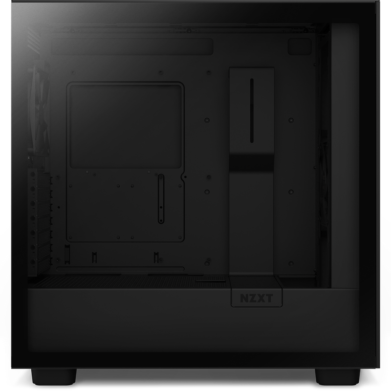 The NZXT H7 Flow RGB (2023) black case features a transparent side panel, cable management bar, rear exhaust fan, empty interior for components, and supports vertical GPU mounting for improved cooling.
