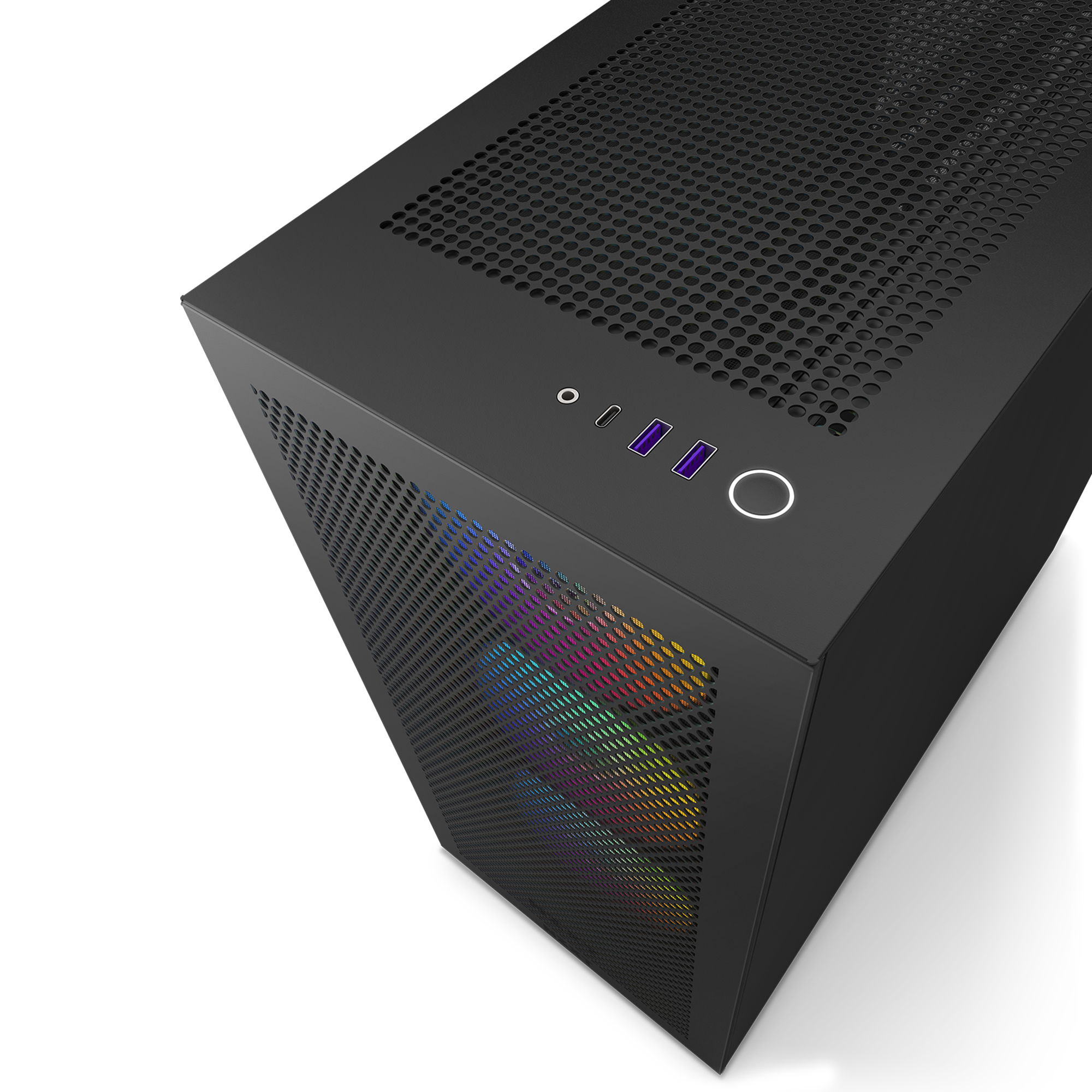 The NZXT H7 Flow RGB (2023) is a black desktop case featuring mesh front and top panels, visible RGB Core fans, support for vertical GPU mounting, plus USB ports and a power button on the top edge.