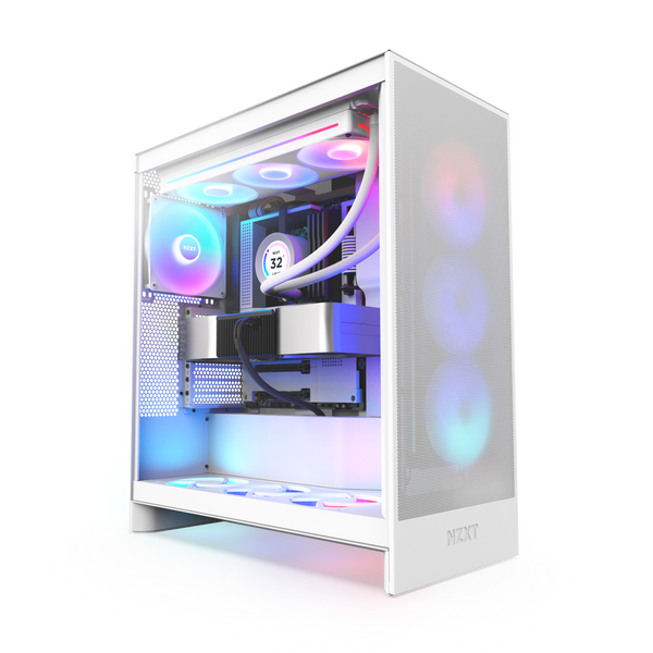 The NZXT H7 Flow RGB is a white gaming PC case featuring RGB lighting, GPU cooling, and visible fans. Its clear side panel displays illuminated components in blue, pink, and purple for a bold look.