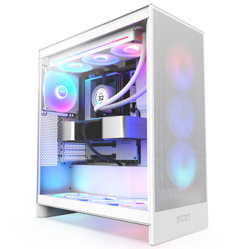 A sleek white gaming PC tower with RGB lighting on fans and components, visible through a transparent side panel, showcasing a modern, clean interior design.