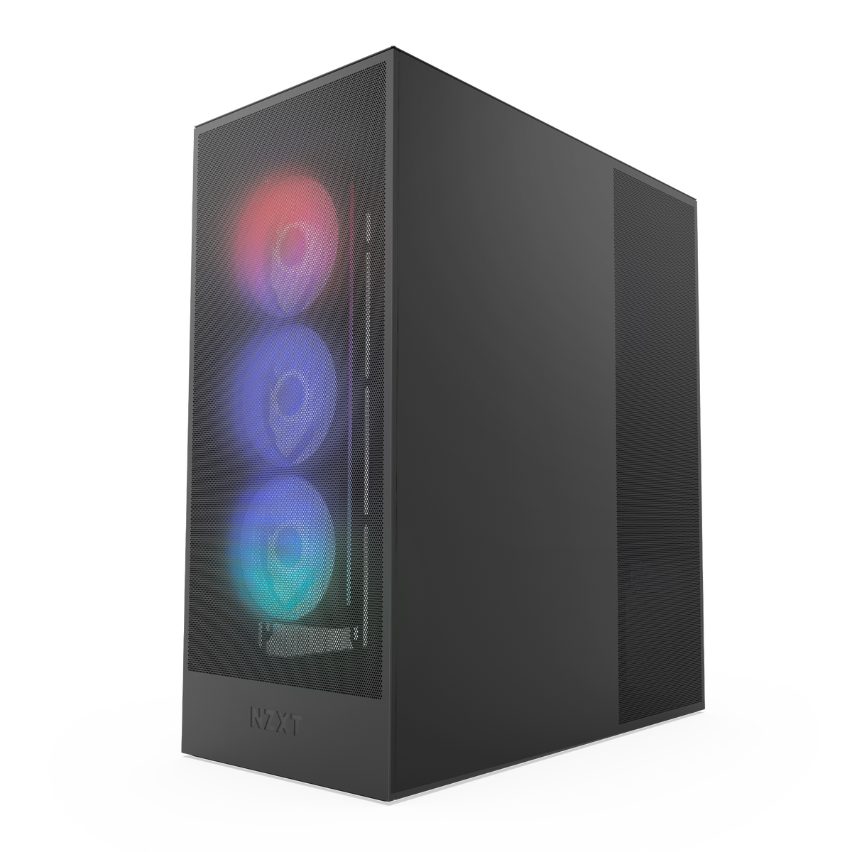 NZXT H7 Flow RGB black, angled view with fans lit