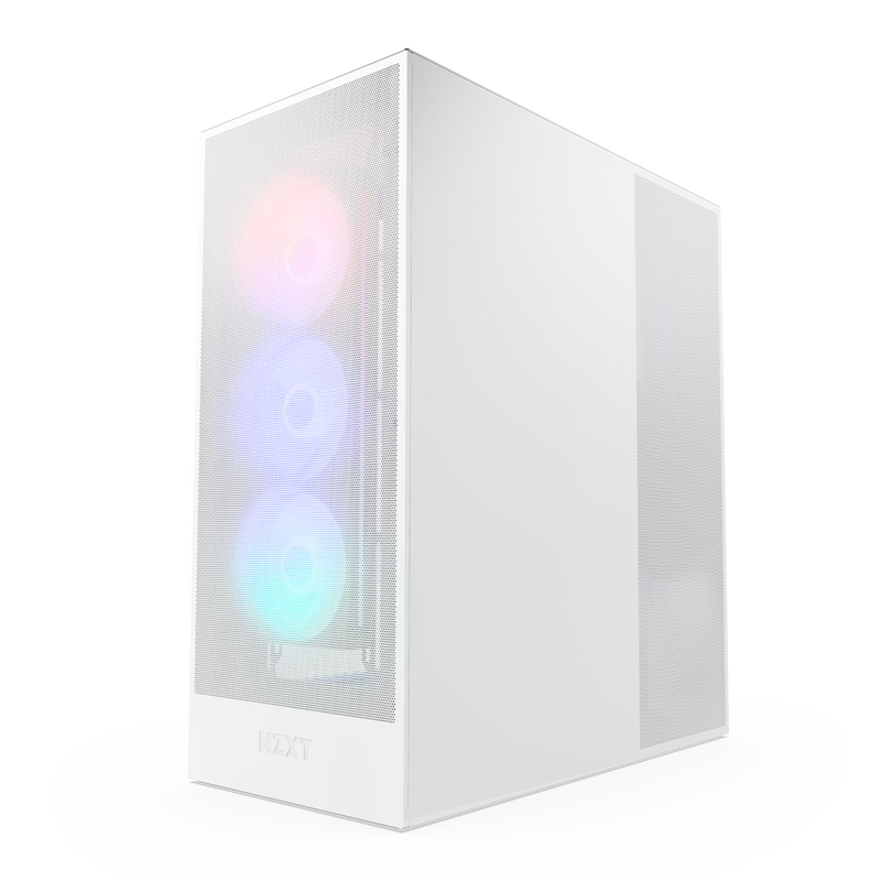 NZXT H7 Flow RGB white, angled view with fans lit