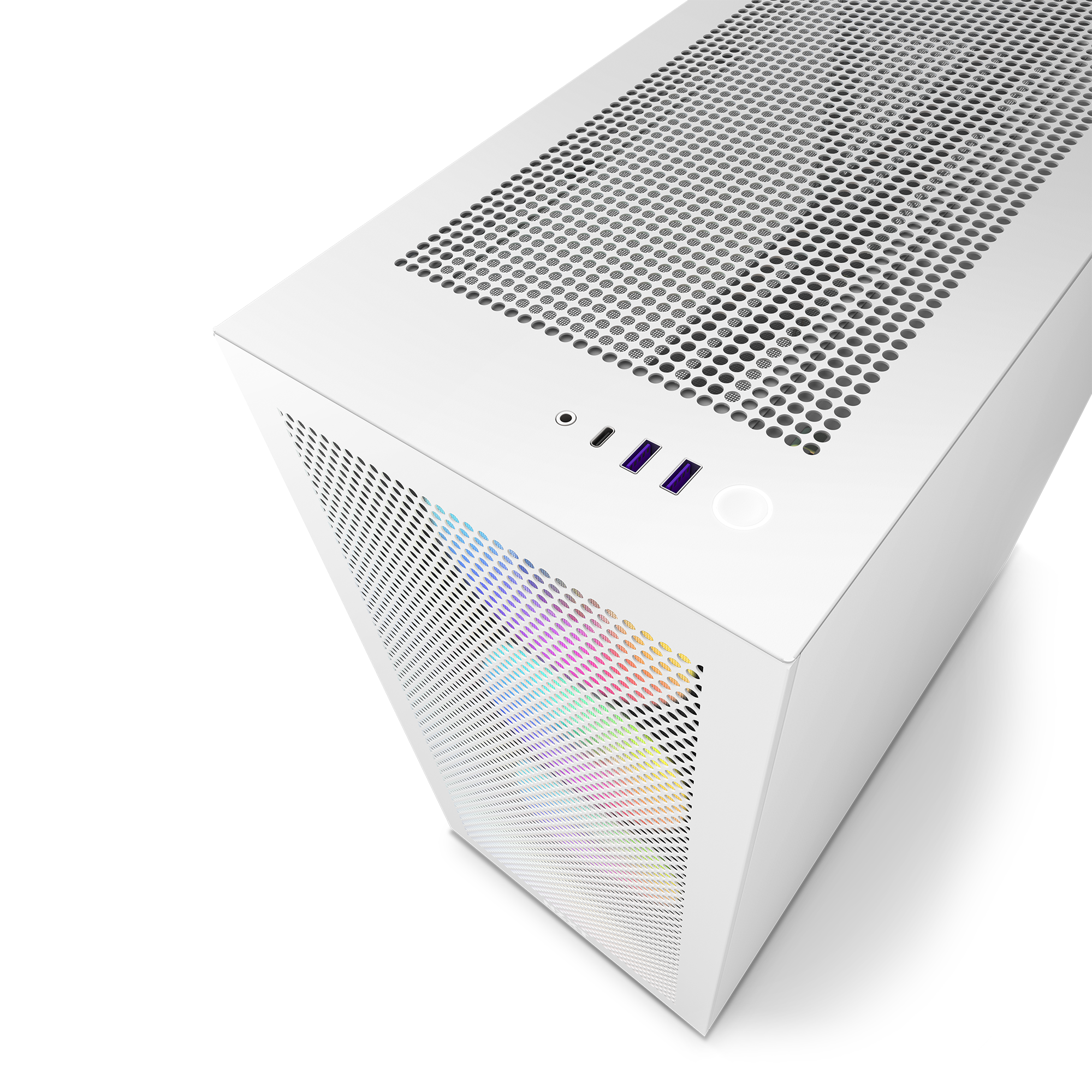 The NZXT H7 Flow RGB (2023) is a white case featuring a perforated top, mesh front panel with internal RGB lighting, three USB ports, and a power button for excellent thermal performance.