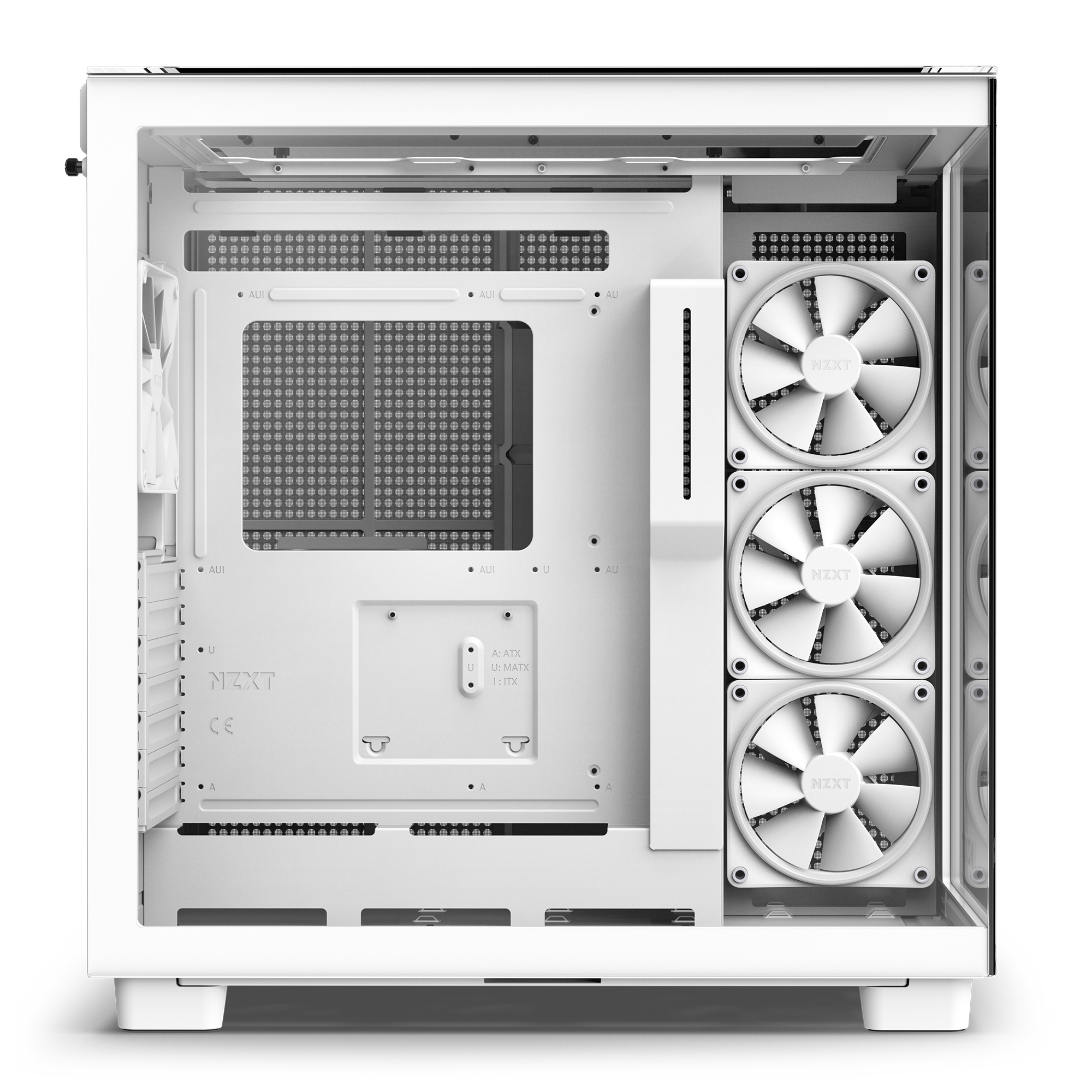 The NZXT Refurbished Player Three Prime - #8572 is a white case with a transparent side, three large front fans, one rear fan, and an empty interior—ideal for building your PC. Comes with a 2-year warranty for peace of mind.