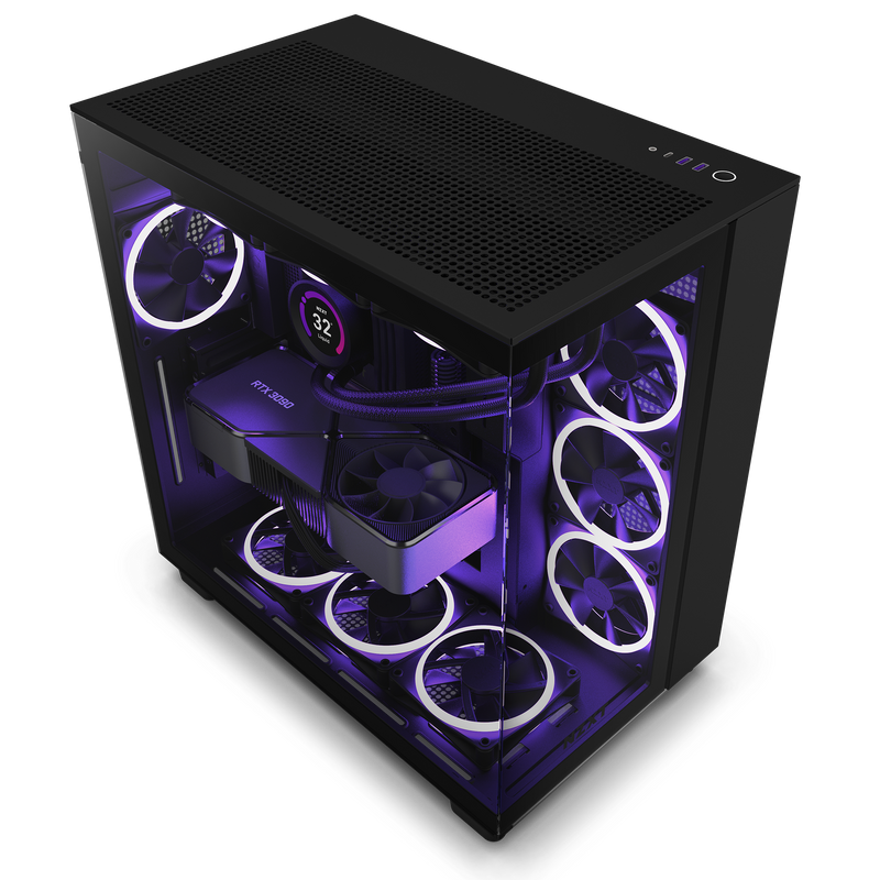 The NZXT H9 Flow (2023) gaming PC in black features a glass side panel displaying RGB-lit cooling fans, advanced RTX 3080 GPU cooling, and a circular CPU cooler showing 32°C—all glowing with purple lighting.