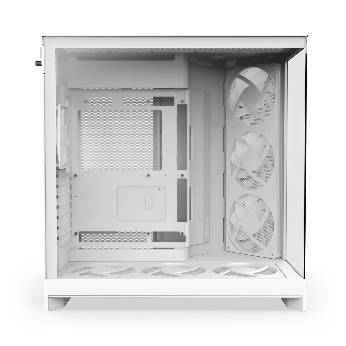 NZXT H9 Flow RGB+ case in white, left side view through tempered glass