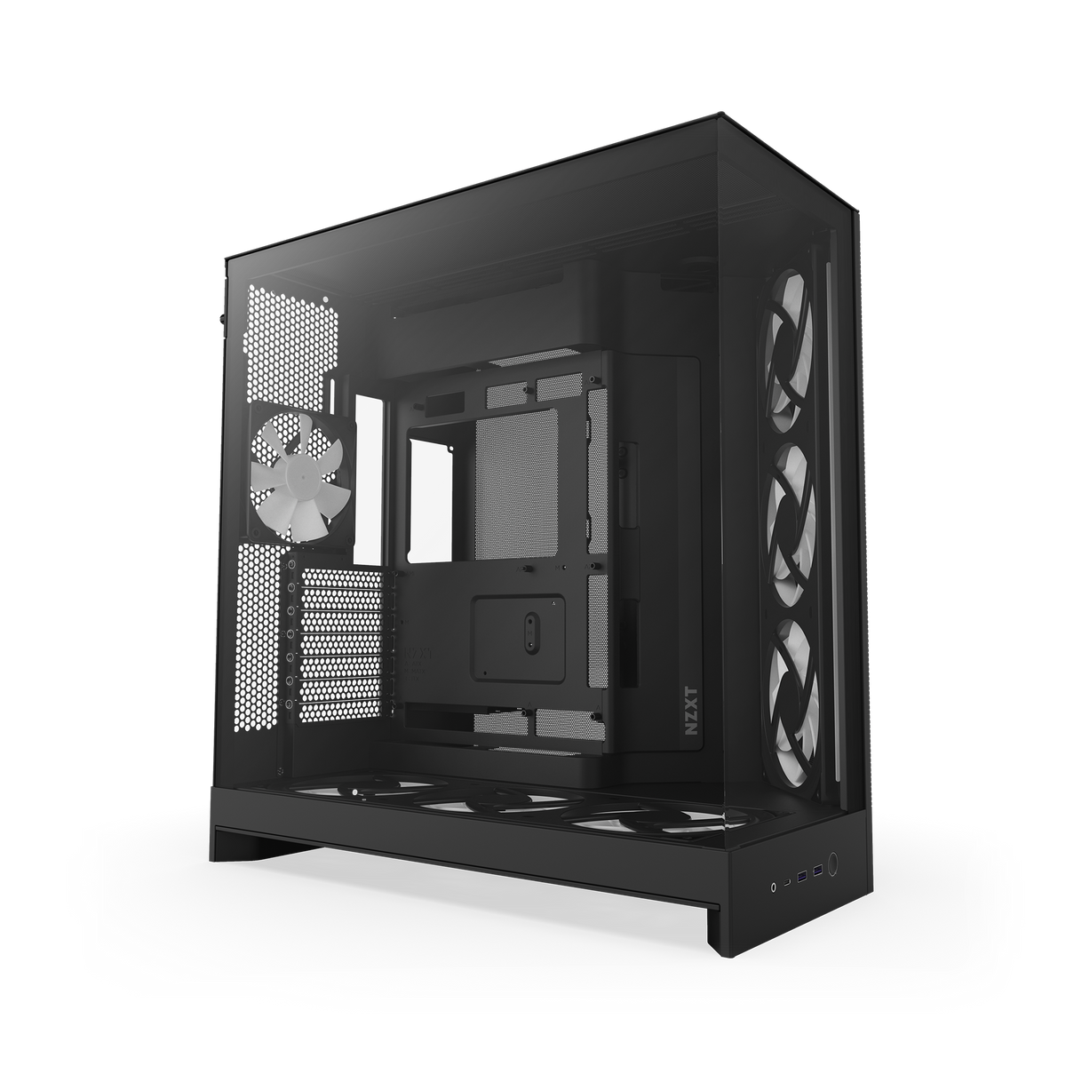 NZXT H9 Flow RGB+ case in black with lighting off, angled view