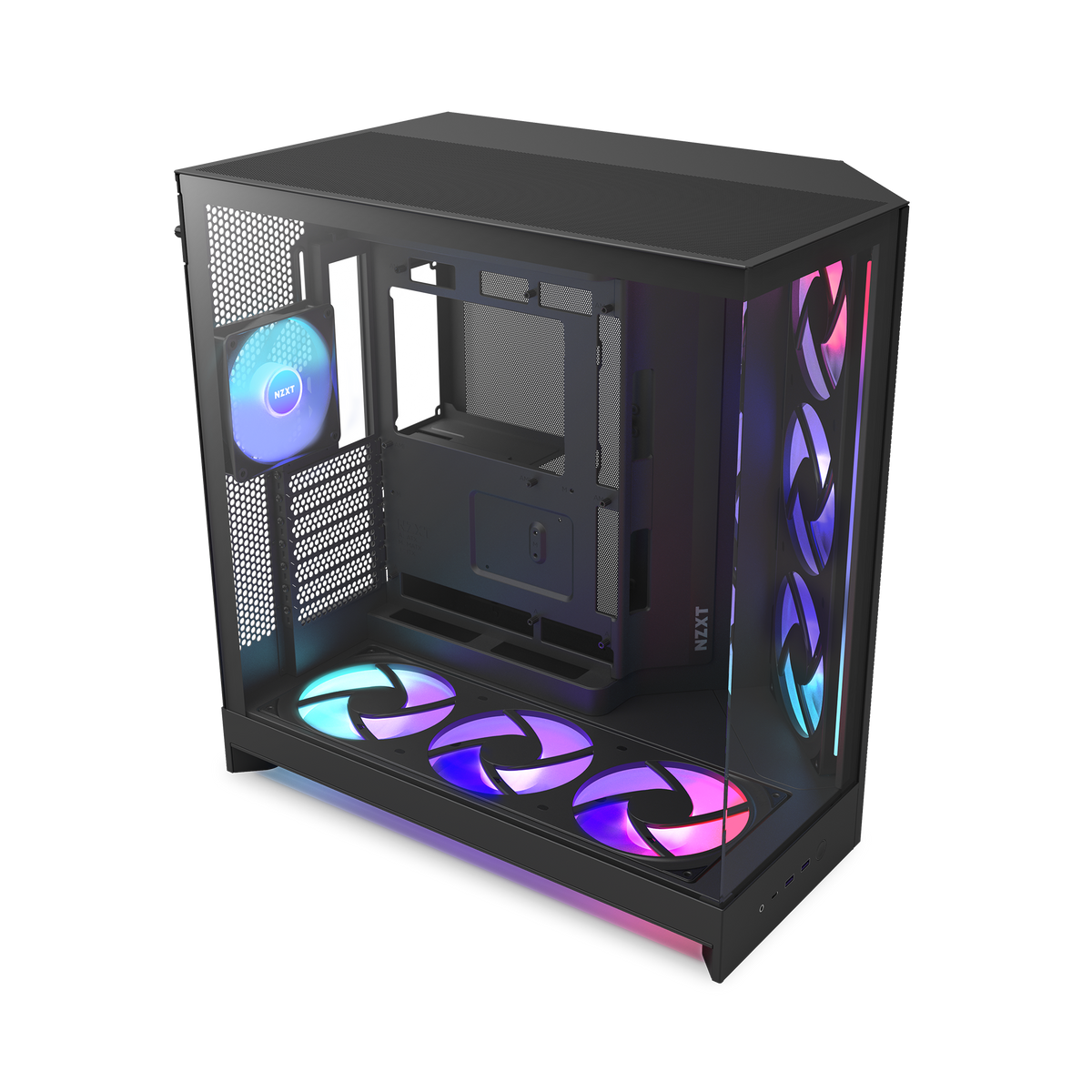 NZXT H9 Flow RGB+ case in black, three-quarter view with RGB fans lit