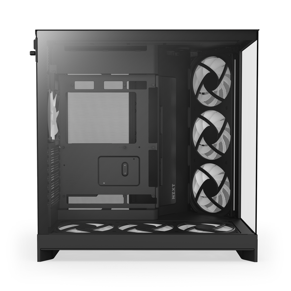 NZXT H9 Flow RGB+ case in black, left side view through tempered glass