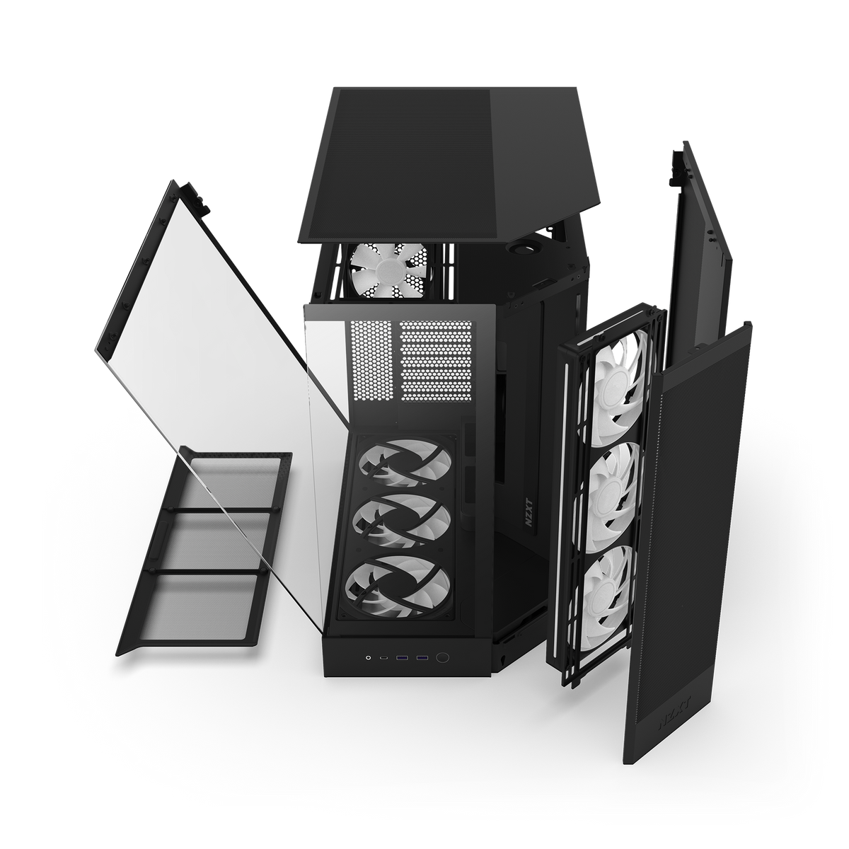 NZXT H9 Flow RGB+ case in black, exploded view of panels