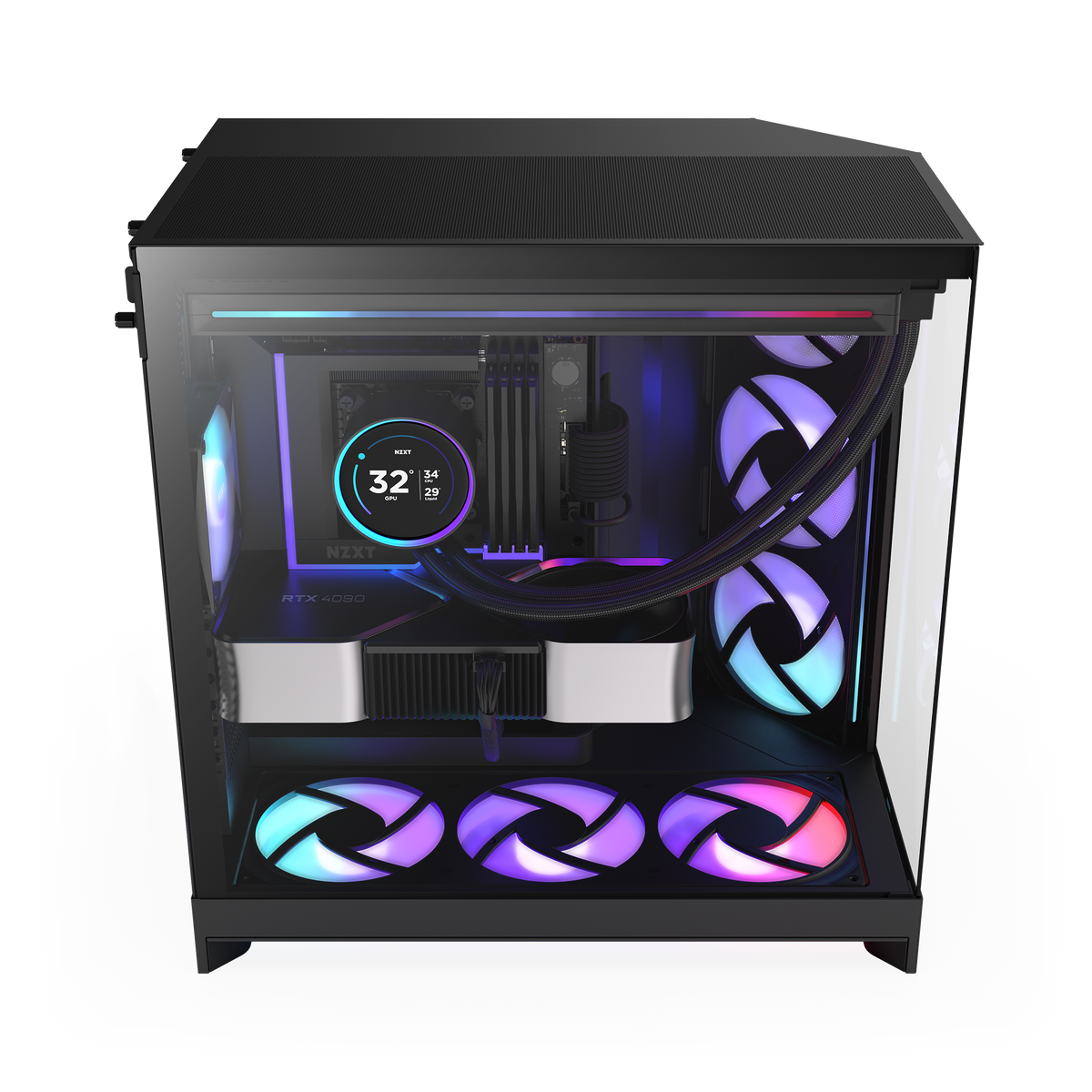 NZXT H9 Flow RGB+ case in black with a completed PC build, angled view
