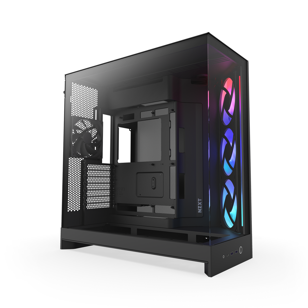 NZXT H9 Flow RGB case in black, RGB lighting on, angled view