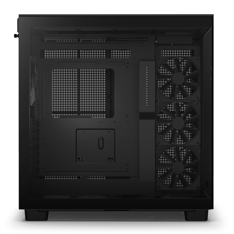 Side view of an empty NZXT H9 Flow (2023) black computer case with a glass panel, featuring three large cooling fans on the right, cable management grommets, and a spacious interior for optimal GPU cooling and superior thermal performance.