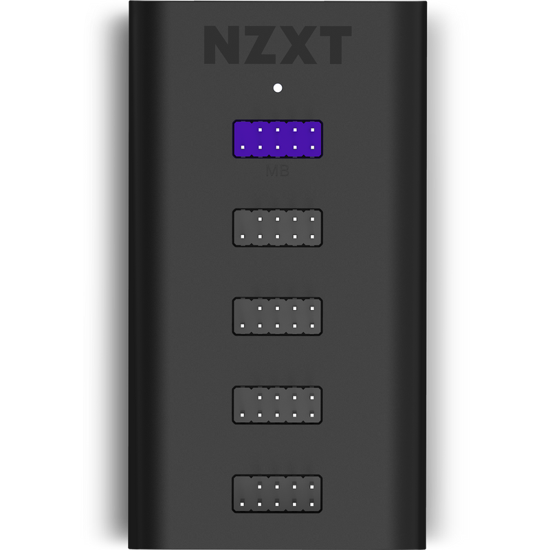 The NZXT Internal USB Hub is a black fan controller featuring one purple port and four black ports vertically aligned below, with the NZXT logo at the top.
