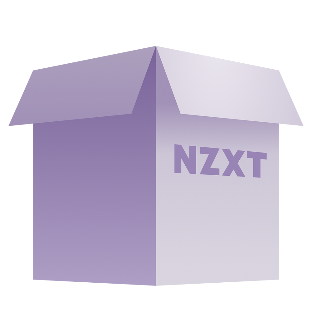 A minimalistic, angled illustration of a purple NZXT BLD box, representing the Gaming PC RMA Packaging Materials (H7 Series)—ideal for secure shipping or as part of an RMA kit.