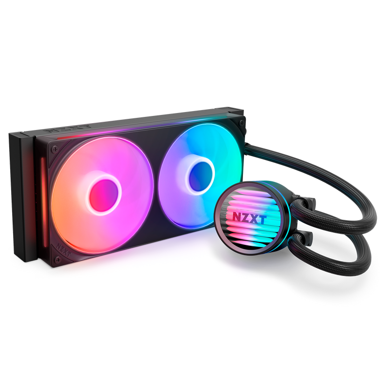 NZXT Kraken Core 240 RGB, angled view of the radiator, RGB fans and infinity-mirror pump cap