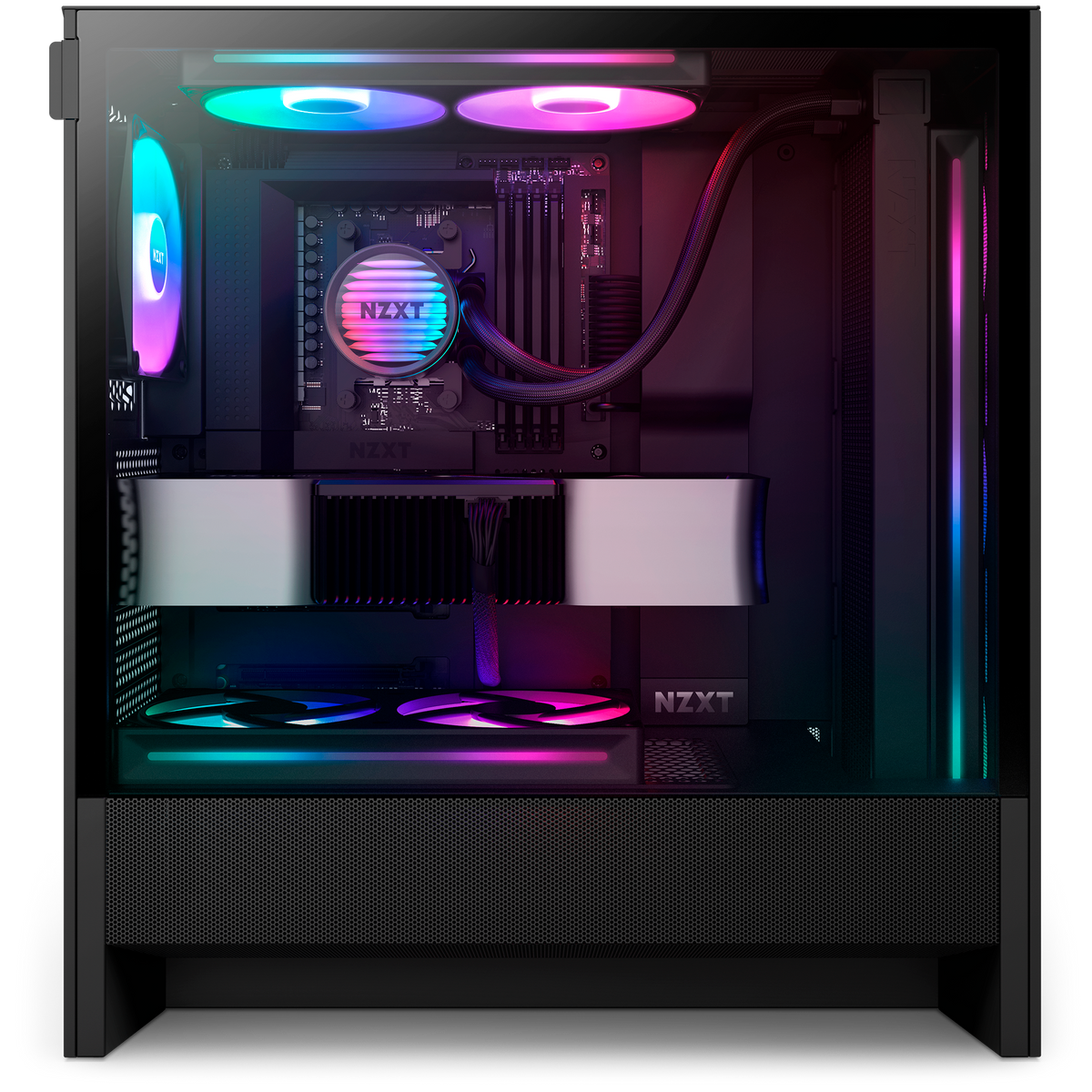 NZXT Kraken Core 360 RGB shown from the side in a completed build behind tempered glass. Components other than the cooler are sold separately.