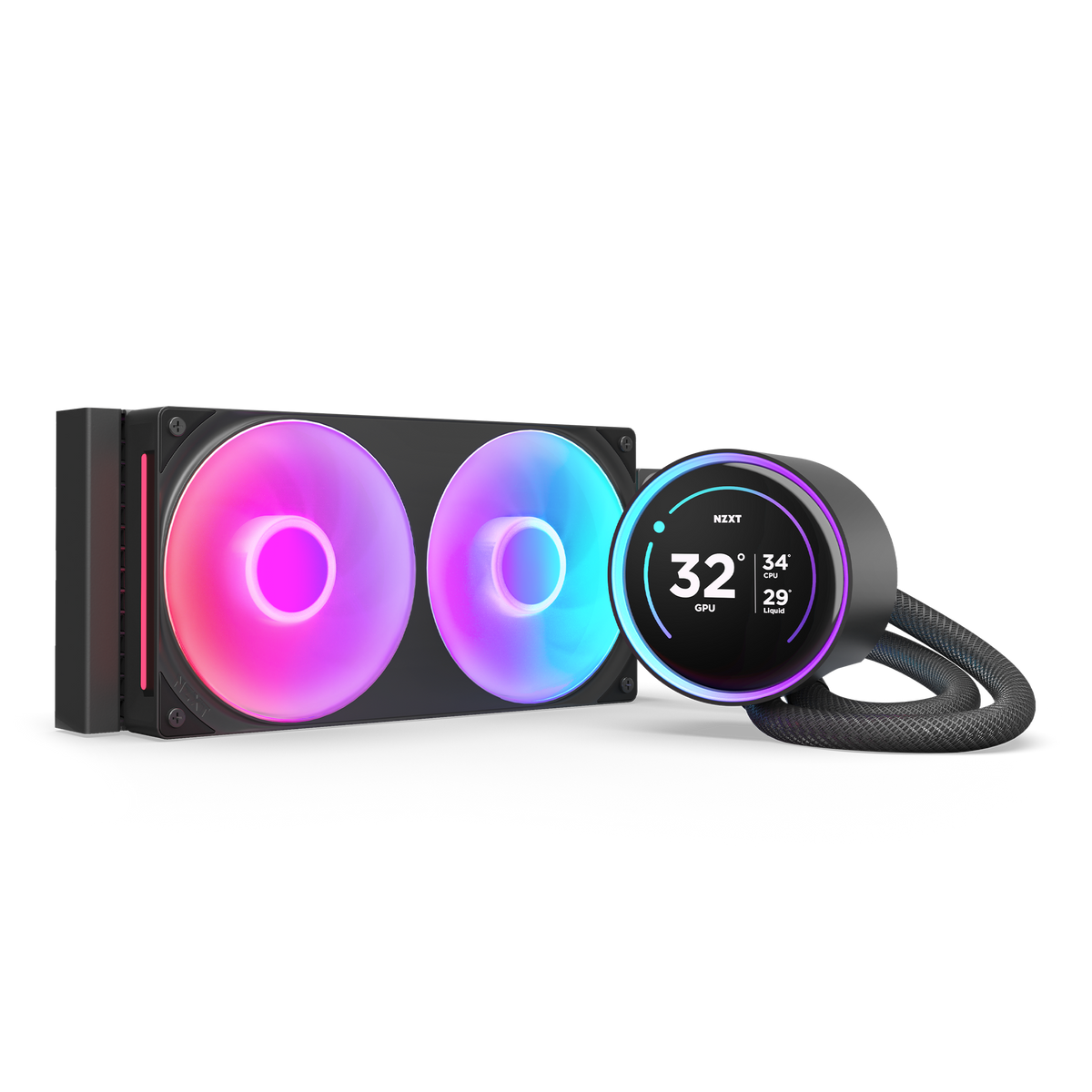 NZXT Kraken Elite 240 RGB black, angled view of the radiator, single-frame RGB fans and pump with the 2.72-inch LCD