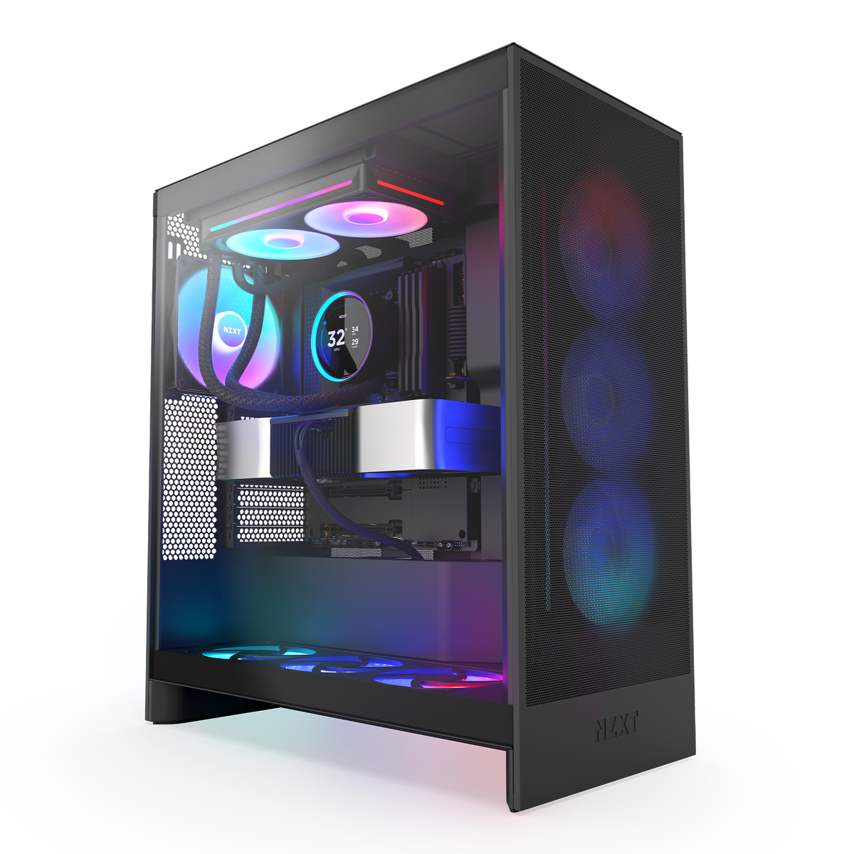 NZXT Kraken Elite 240 RGB black shown at an angle in a completed build behind tempered glass. Components other than the cooler are sold separately.