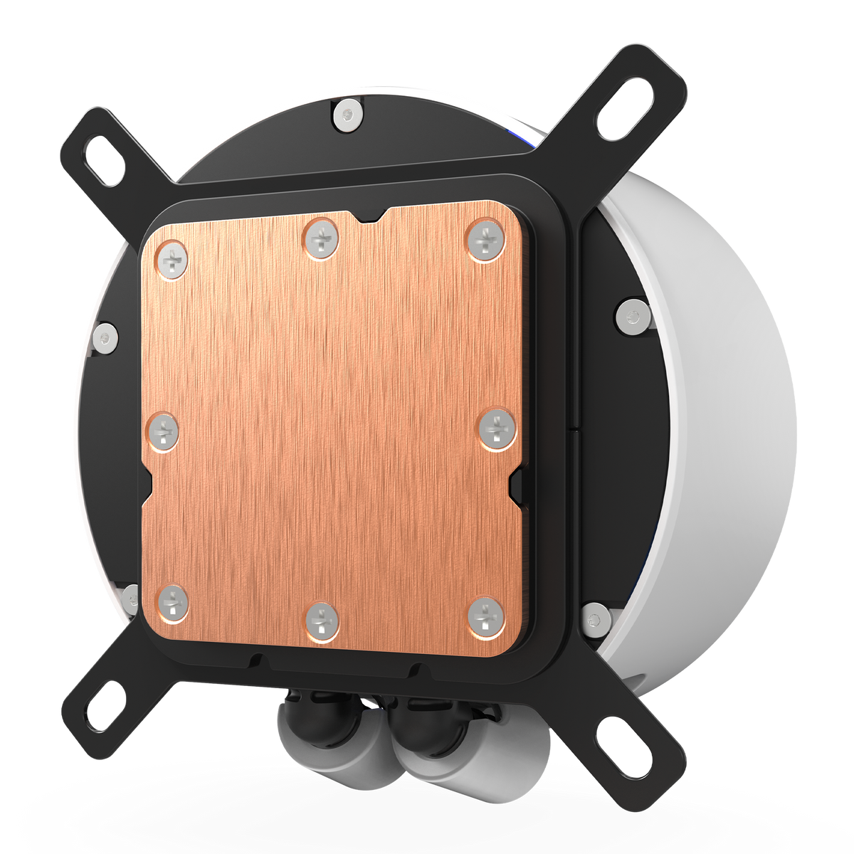 NZXT Kraken Elite 240 RGB white, underside of the pump showing the copper cold plate
