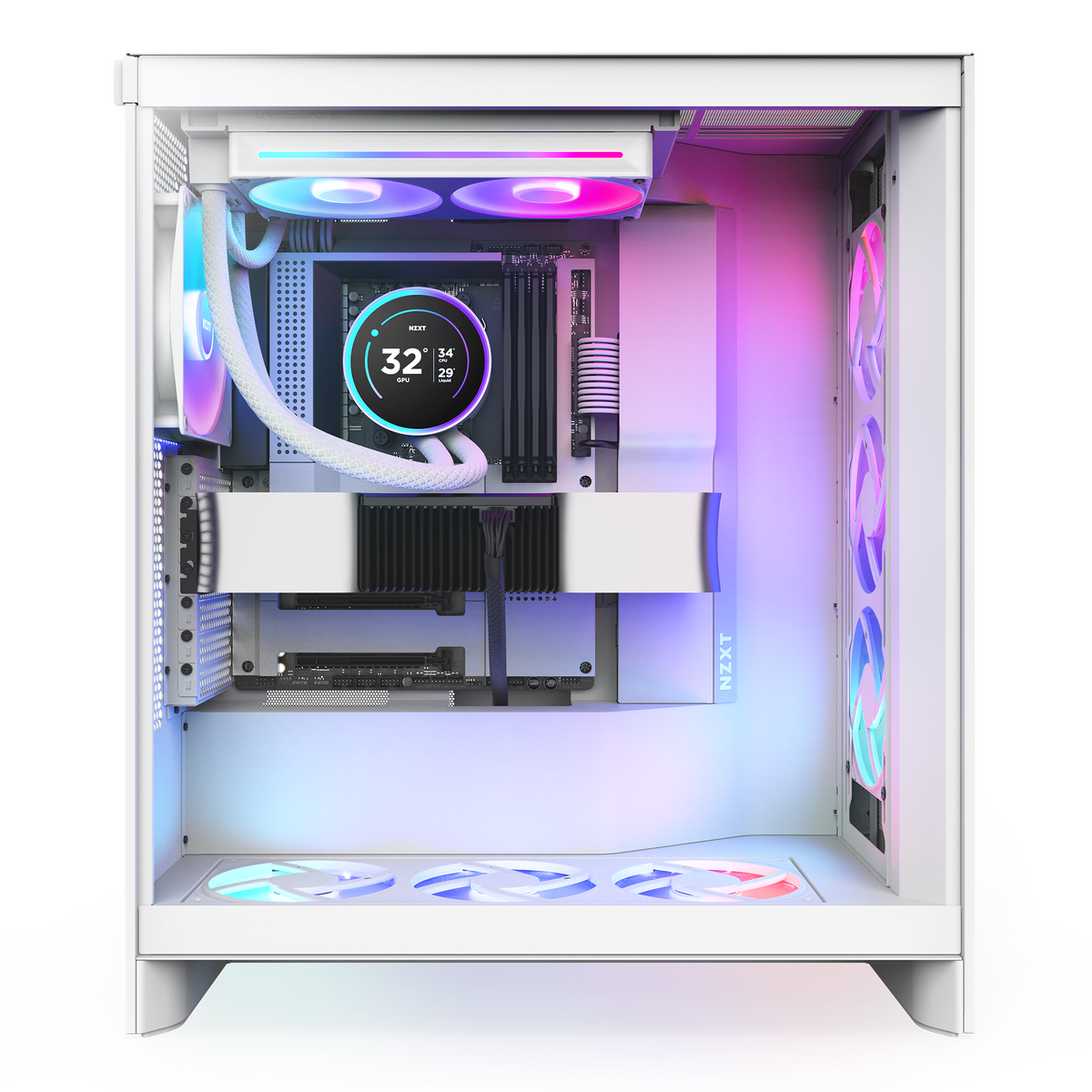 NZXT Kraken Elite 240 RGB white shown in a completed build behind tempered glass. Components other than the cooler are sold separately.