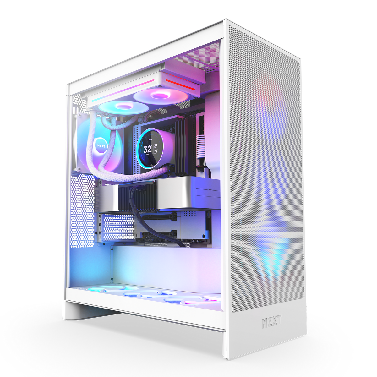 NZXT Kraken Elite 240 RGB white shown at an angle in a completed build behind tempered glass. Components other than the cooler are sold separately.