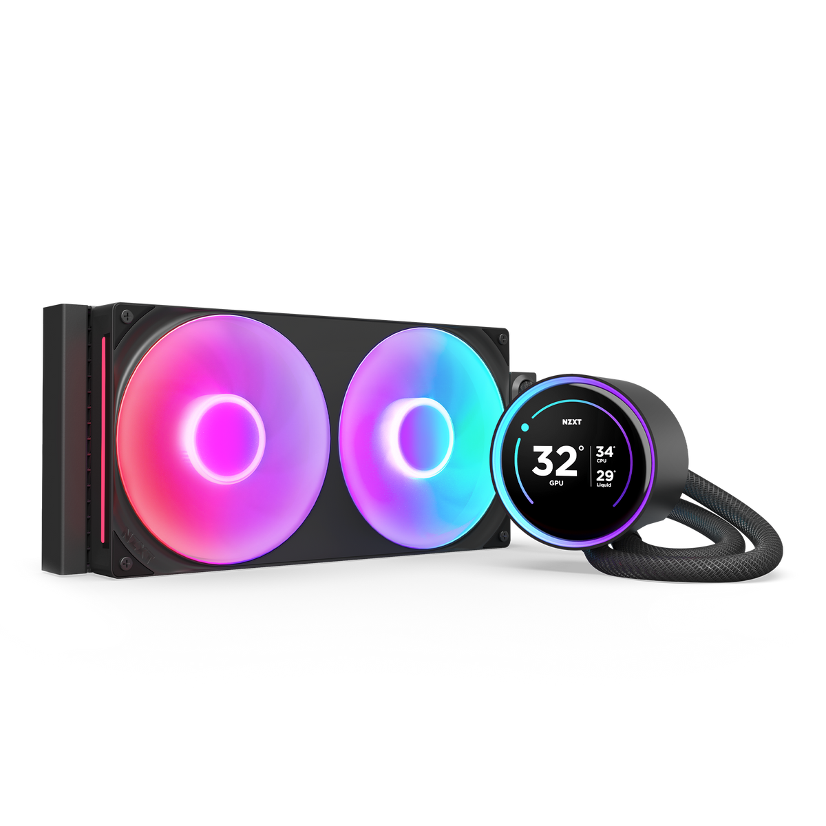 NZXT Kraken Elite 280 RGB black, angled view of the radiator, single-frame RGB fans and pump with the 2.72-inch LCD