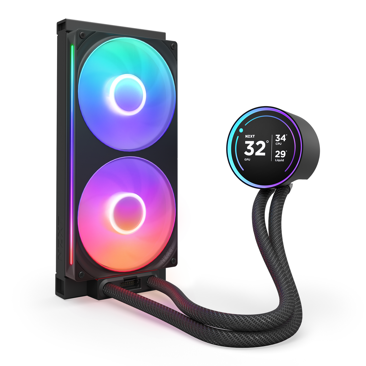NZXT Kraken Elite 280 RGB black, mounted vertically to show the radiator and braided tubing