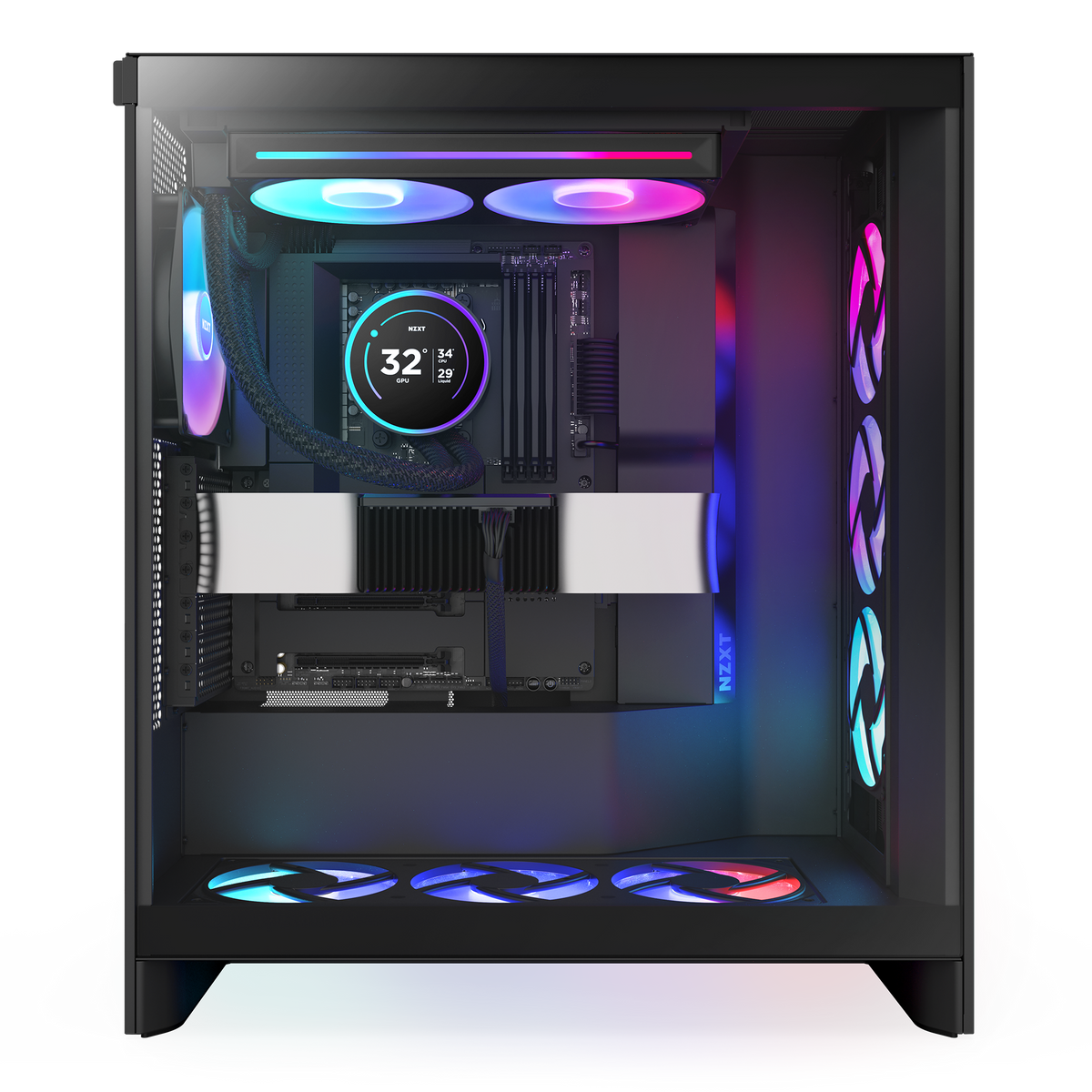 NZXT Kraken Elite 280 RGB black shown in a completed build behind tempered glass. Components other than the cooler are sold separately.